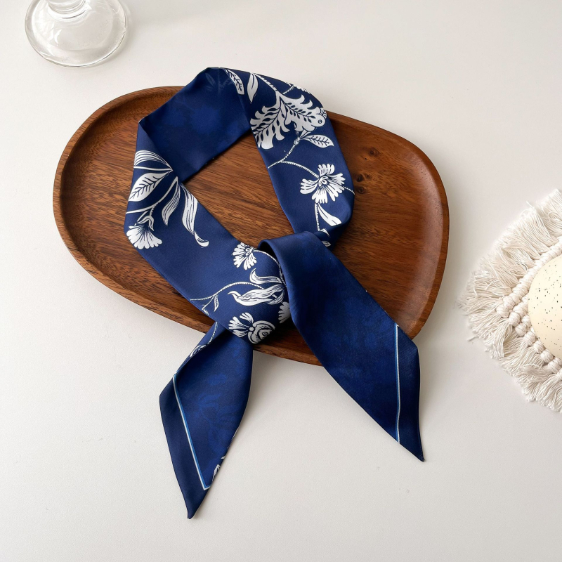 Șal pentru păr în stil franțuzesc din mătase sintetică, panglică lungă – țesătură simplă, imprimare, Primăvara 2024