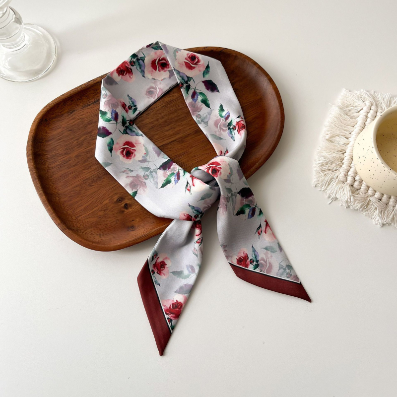 Șal pentru păr în stil franțuzesc din mătase sintetică, panglică lungă – țesătură simplă, imprimare, Primăvara 2024