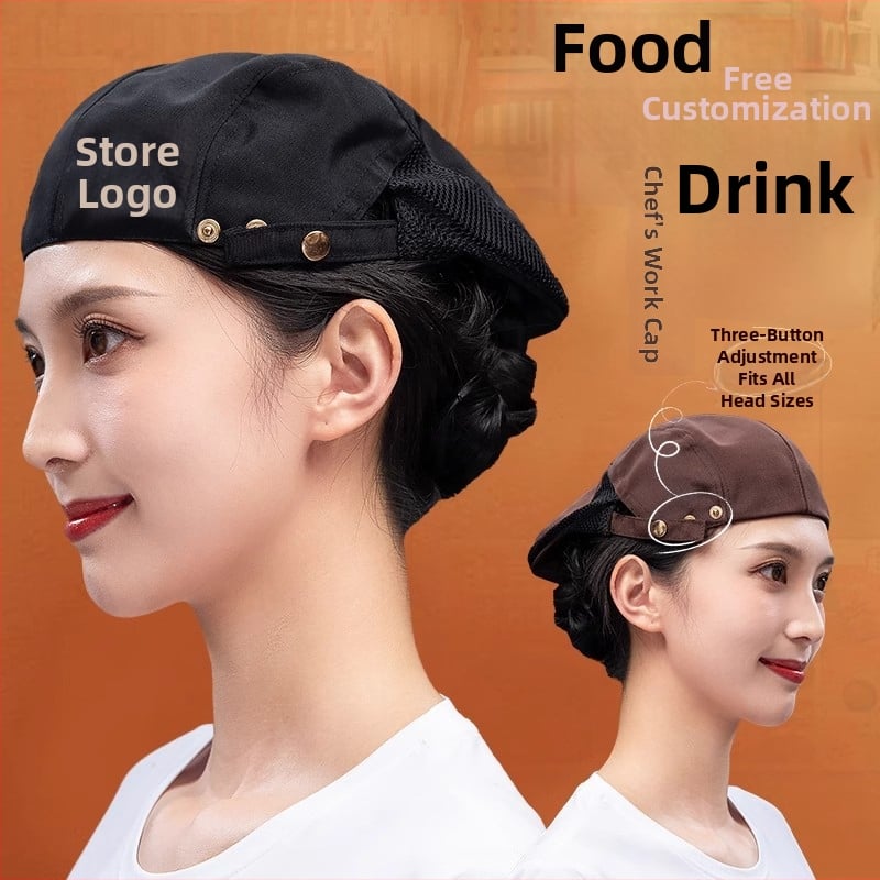 Beret pentru catering, din bumbac, șapcă cu plasă respirabilă, vârf plat, bor scurt, logo imprimat