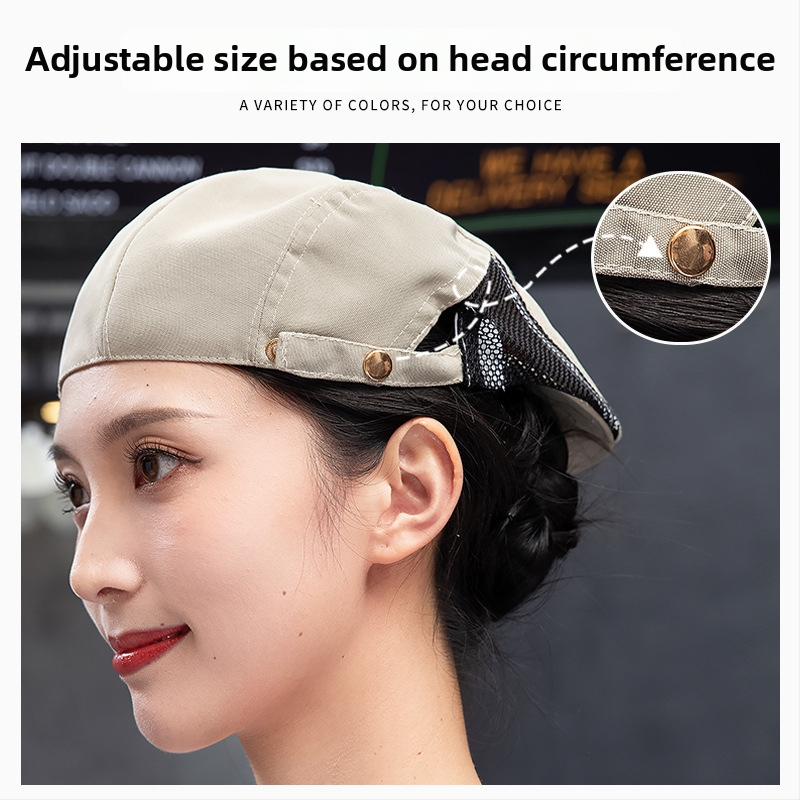 Берет за обслужване в заведения, памучна дишаща шапка с мрежа, плосък връх, къс ръб, печатано лого