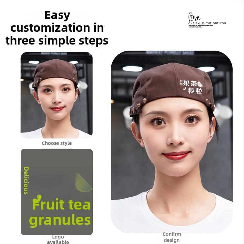 Берет за обслужване в заведения, памучна дишаща шапка с мрежа, плосък връх, къс ръб, печатано лого