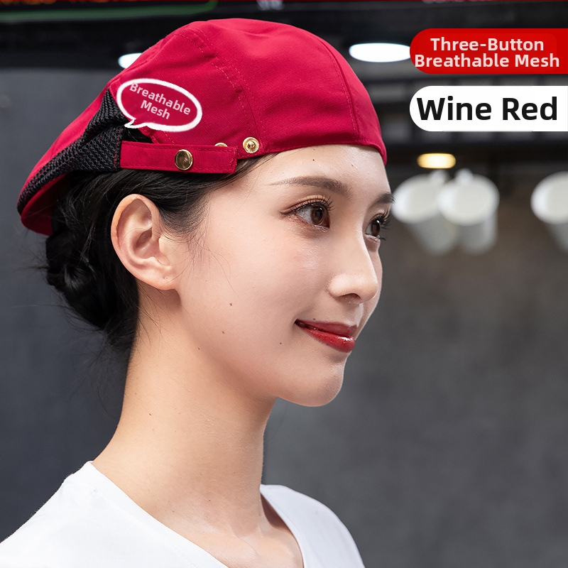 Beret pentru catering, din bumbac, șapcă cu plasă respirabilă, vârf plat, bor scurt, logo imprimat