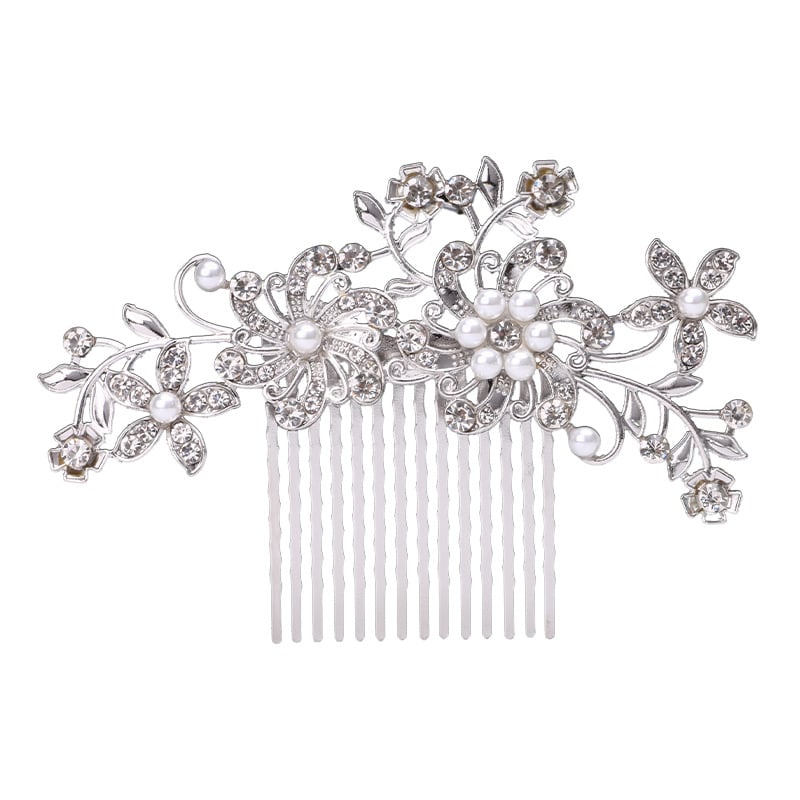 Гребен за коса с цвете – етно стил, женски аксесоар; Материал: сплав; Форма: цвете; Обработка: електроплатиране; Кристали: ринстоун