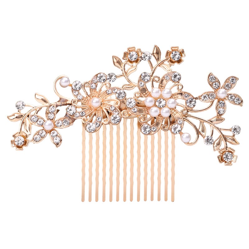Гребен за коса с цвете – етно стил, женски аксесоар; Материал: сплав; Форма: цвете; Обработка: електроплатиране; Кристали: ринстоун