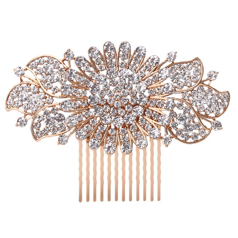 Гребен за коса с цвете – етно стил, женски аксесоар; Материал: сплав; Форма: цвете; Обработка: електроплатиране; Кристали: ринстоун
