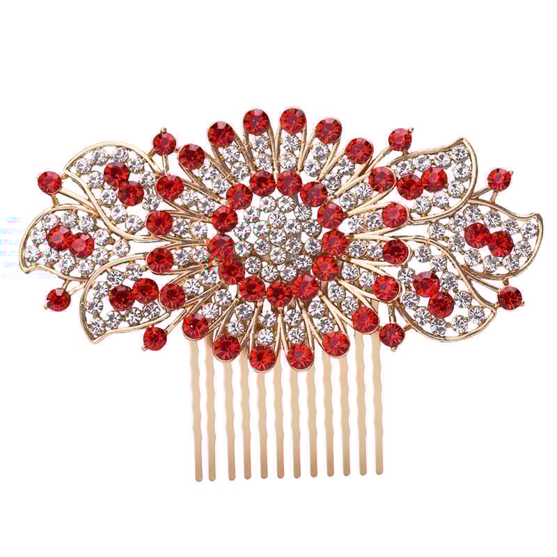 Гребен за коса с цвете – етно стил, женски аксесоар; Материал: сплав; Форма: цвете; Обработка: електроплатиране; Кристали: ринстоун