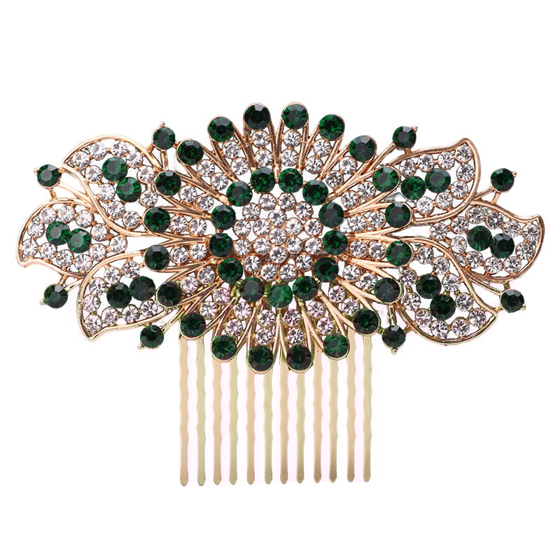 Гребен за коса с цвете – етно стил, женски аксесоар; Материал: сплав; Форма: цвете; Обработка: електроплатиране; Кристали: ринстоун