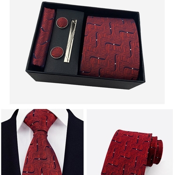 Vyrų kaklaraiščių dovanos rinkinys: dryžuota žakardinė poliesterio kaklaraištė, kišeninė skarelė, manžetų segtukai ir kaklaraiščių klipsas; strėlės stilius, unisex