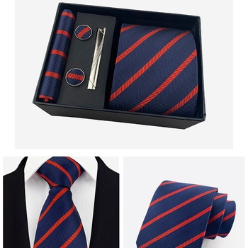 Vyrų kaklaraiščių dovanos rinkinys: dryžuota žakardinė poliesterio kaklaraištė, kišeninė skarelė, manžetų segtukai ir kaklaraiščių klipsas; strėlės stilius, unisex