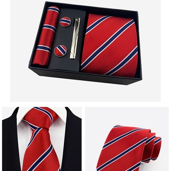 Vyrų kaklaraiščių dovanos rinkinys: dryžuota žakardinė poliesterio kaklaraištė, kišeninė skarelė, manžetų segtukai ir kaklaraiščių klipsas; strėlės stilius, unisex