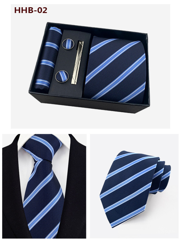 Vyrų kaklaraiščių dovanos rinkinys: dryžuota žakardinė poliesterio kaklaraištė, kišeninė skarelė, manžetų segtukai ir kaklaraiščių klipsas; strėlės stilius, unisex