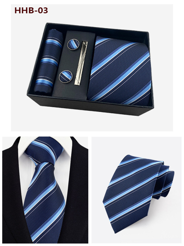 Vyrų kaklaraiščių dovanos rinkinys: dryžuota žakardinė poliesterio kaklaraištė, kišeninė skarelė, manžetų segtukai ir kaklaraiščių klipsas; strėlės stilius, unisex