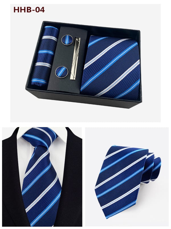 Vyrų kaklaraiščių dovanos rinkinys: dryžuota žakardinė poliesterio kaklaraištė, kišeninė skarelė, manžetų segtukai ir kaklaraiščių klipsas; strėlės stilius, unisex