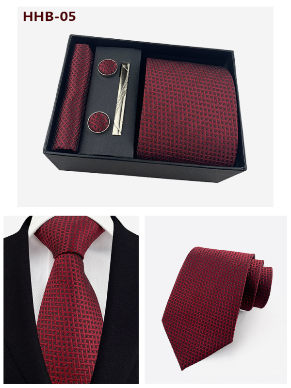 Vyrų kaklaraiščių dovanos rinkinys: dryžuota žakardinė poliesterio kaklaraištė, kišeninė skarelė, manžetų segtukai ir kaklaraiščių klipsas; strėlės stilius, unisex