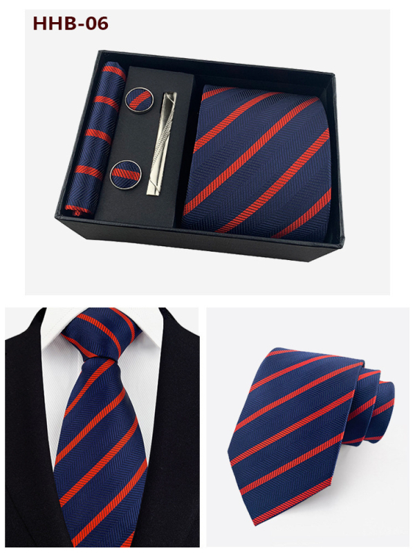 Vyrų kaklaraiščių dovanos rinkinys: dryžuota žakardinė poliesterio kaklaraištė, kišeninė skarelė, manžetų segtukai ir kaklaraiščių klipsas; strėlės stilius, unisex