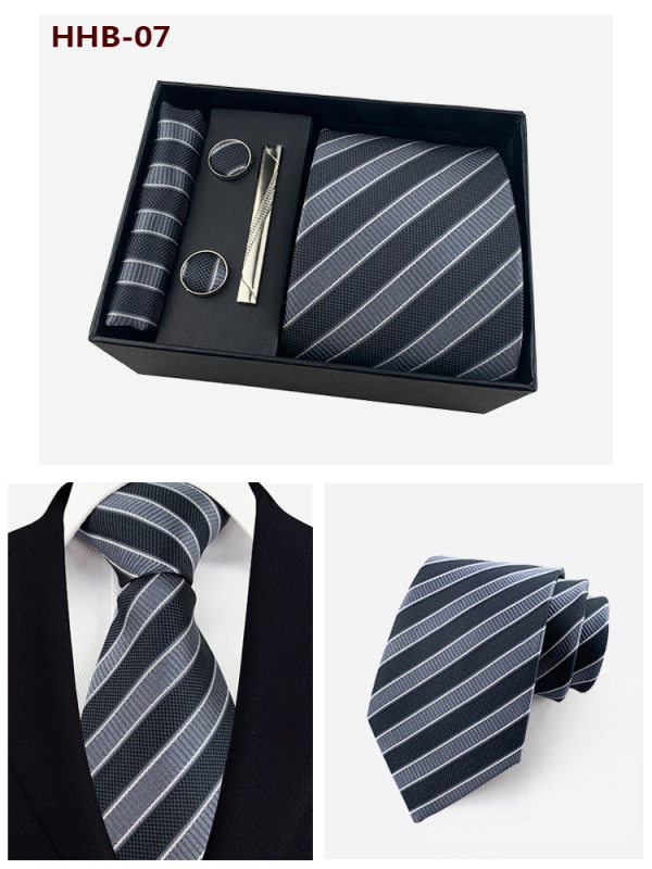 Vyrų kaklaraiščių dovanos rinkinys: dryžuota žakardinė poliesterio kaklaraištė, kišeninė skarelė, manžetų segtukai ir kaklaraiščių klipsas; strėlės stilius, unisex