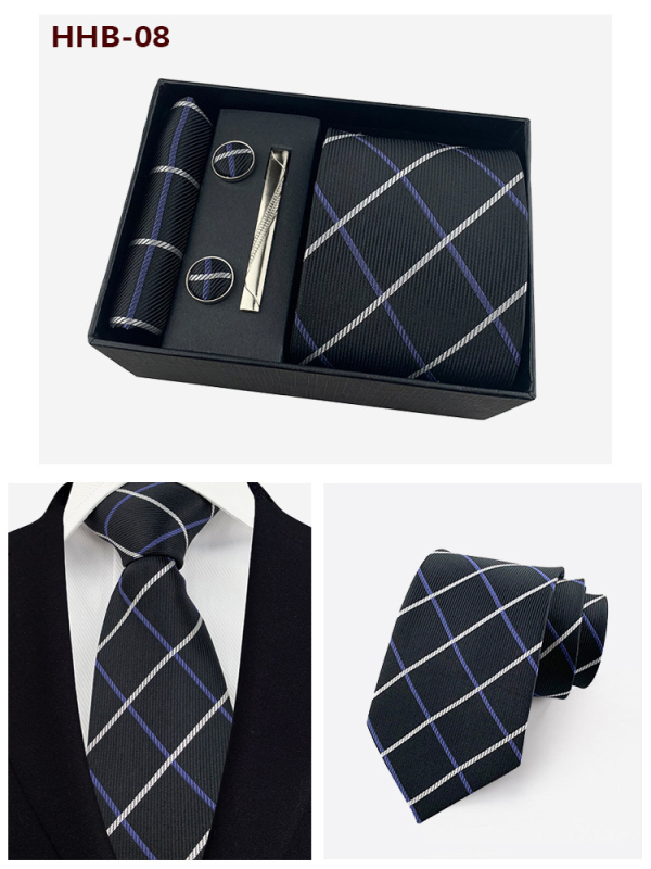 Vyrų kaklaraiščių dovanos rinkinys: dryžuota žakardinė poliesterio kaklaraištė, kišeninė skarelė, manžetų segtukai ir kaklaraiščių klipsas; strėlės stilius, unisex