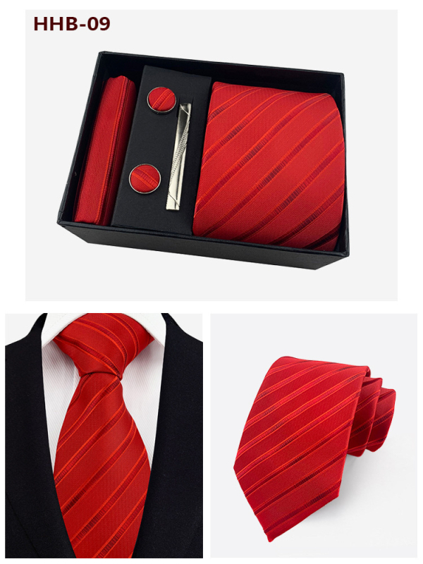 Vyrų kaklaraiščių dovanos rinkinys: dryžuota žakardinė poliesterio kaklaraištė, kišeninė skarelė, manžetų segtukai ir kaklaraiščių klipsas; strėlės stilius, unisex