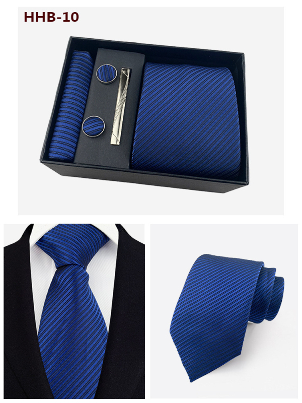 Vyrų kaklaraiščių dovanos rinkinys: dryžuota žakardinė poliesterio kaklaraištė, kišeninė skarelė, manžetų segtukai ir kaklaraiščių klipsas; strėlės stilius, unisex