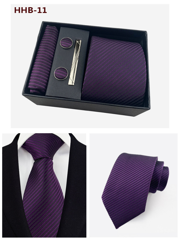 Vyrų kaklaraiščių dovanos rinkinys: dryžuota žakardinė poliesterio kaklaraištė, kišeninė skarelė, manžetų segtukai ir kaklaraiščių klipsas; strėlės stilius, unisex