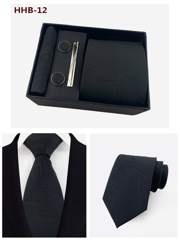 Vyrų kaklaraiščių dovanos rinkinys: dryžuota žakardinė poliesterio kaklaraištė, kišeninė skarelė, manžetų segtukai ir kaklaraiščių klipsas; strėlės stilius, unisex