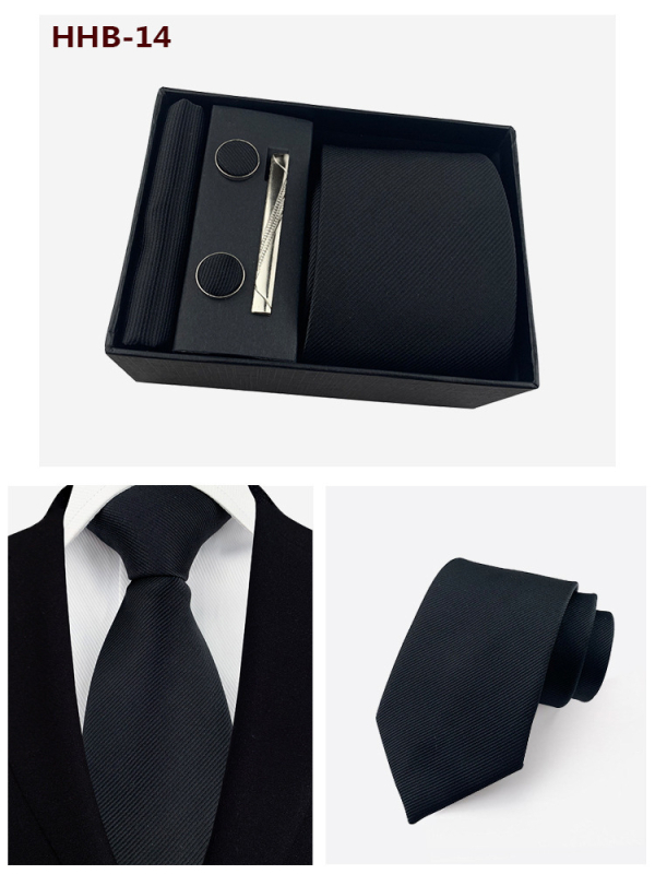Vyrų kaklaraiščių dovanos rinkinys: dryžuota žakardinė poliesterio kaklaraištė, kišeninė skarelė, manžetų segtukai ir kaklaraiščių klipsas; strėlės stilius, unisex