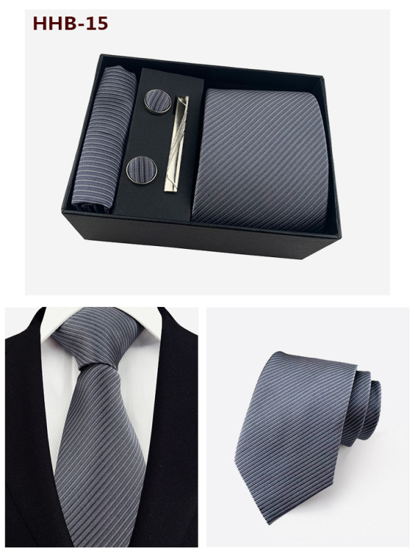 Vyrų kaklaraiščių dovanos rinkinys: dryžuota žakardinė poliesterio kaklaraištė, kišeninė skarelė, manžetų segtukai ir kaklaraiščių klipsas; strėlės stilius, unisex