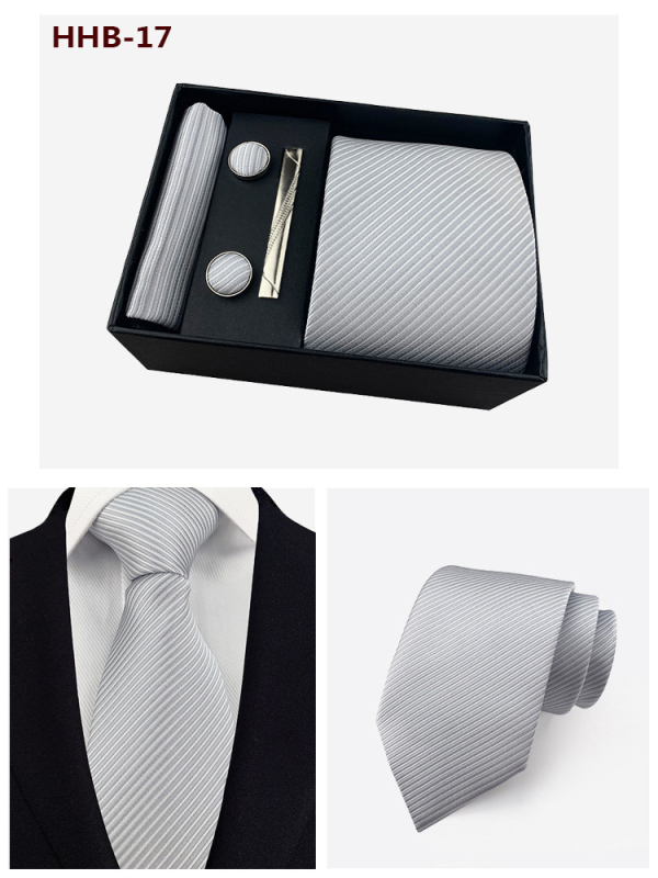 Vyrų kaklaraiščių dovanos rinkinys: dryžuota žakardinė poliesterio kaklaraištė, kišeninė skarelė, manžetų segtukai ir kaklaraiščių klipsas; strėlės stilius, unisex