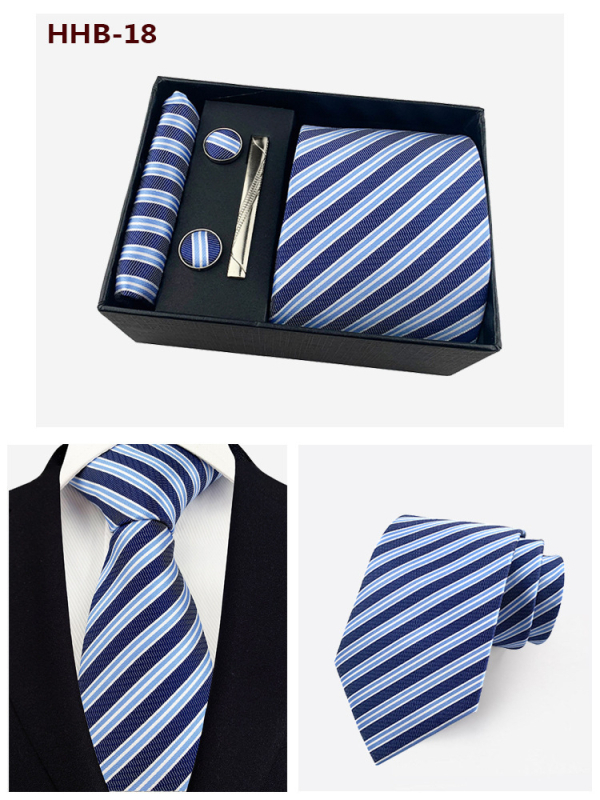 Vyrų kaklaraiščių dovanos rinkinys: dryžuota žakardinė poliesterio kaklaraištė, kišeninė skarelė, manžetų segtukai ir kaklaraiščių klipsas; strėlės stilius, unisex