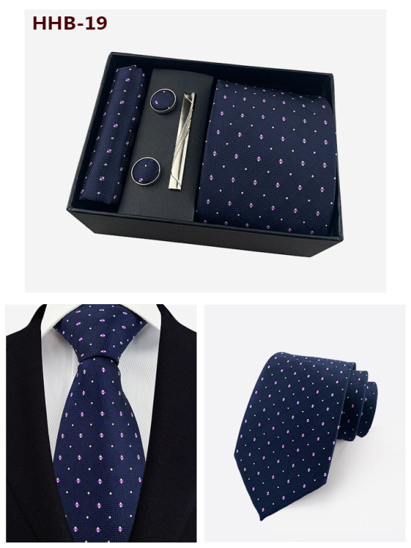 Vyrų kaklaraiščių dovanos rinkinys: dryžuota žakardinė poliesterio kaklaraištė, kišeninė skarelė, manžetų segtukai ir kaklaraiščių klipsas; strėlės stilius, unisex