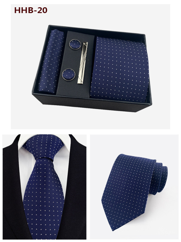 Vyrų kaklaraiščių dovanos rinkinys: dryžuota žakardinė poliesterio kaklaraištė, kišeninė skarelė, manžetų segtukai ir kaklaraiščių klipsas; strėlės stilius, unisex