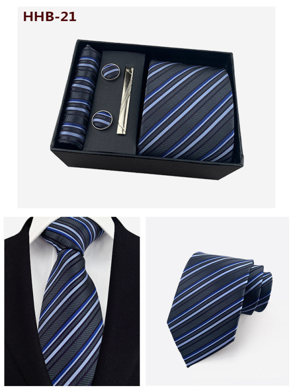 Vyrų kaklaraiščių dovanos rinkinys: dryžuota žakardinė poliesterio kaklaraištė, kišeninė skarelė, manžetų segtukai ir kaklaraiščių klipsas; strėlės stilius, unisex