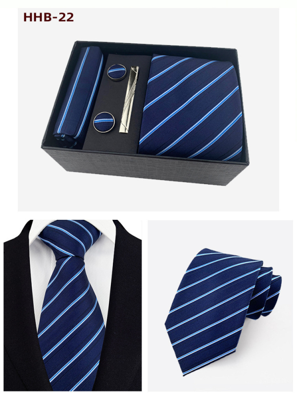 Vyrų kaklaraiščių dovanos rinkinys: dryžuota žakardinė poliesterio kaklaraištė, kišeninė skarelė, manžetų segtukai ir kaklaraiščių klipsas; strėlės stilius, unisex