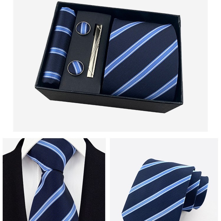 Vyrų kaklaraiščių dovanos rinkinys: dryžuota žakardinė poliesterio kaklaraištė, kišeninė skarelė, manžetų segtukai ir kaklaraiščių klipsas; strėlės stilius, unisex