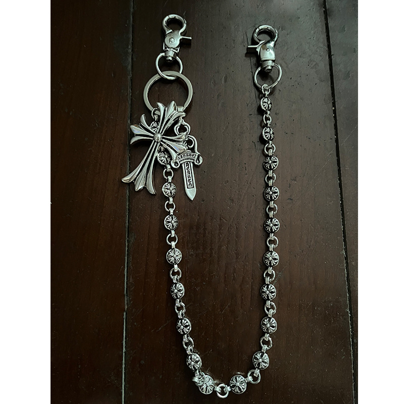 Vyrų metalinė juosmens grandinėlė su pakabukais: kardas, kryžius ir apvalūs karoliukai – ilgis iki 60 cm, plotis 3 mm, užsegimas lobster