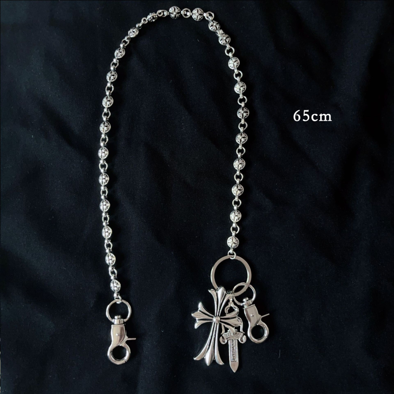 Vyrų metalinė juosmens grandinėlė su pakabukais: kardas, kryžius ir apvalūs karoliukai – ilgis iki 60 cm, plotis 3 mm, užsegimas lobster