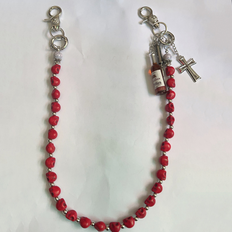 Vyrų metalinė juosmens grandinėlė su pakabukais: kardas, kryžius ir apvalūs karoliukai – ilgis iki 60 cm, plotis 3 mm, užsegimas lobster