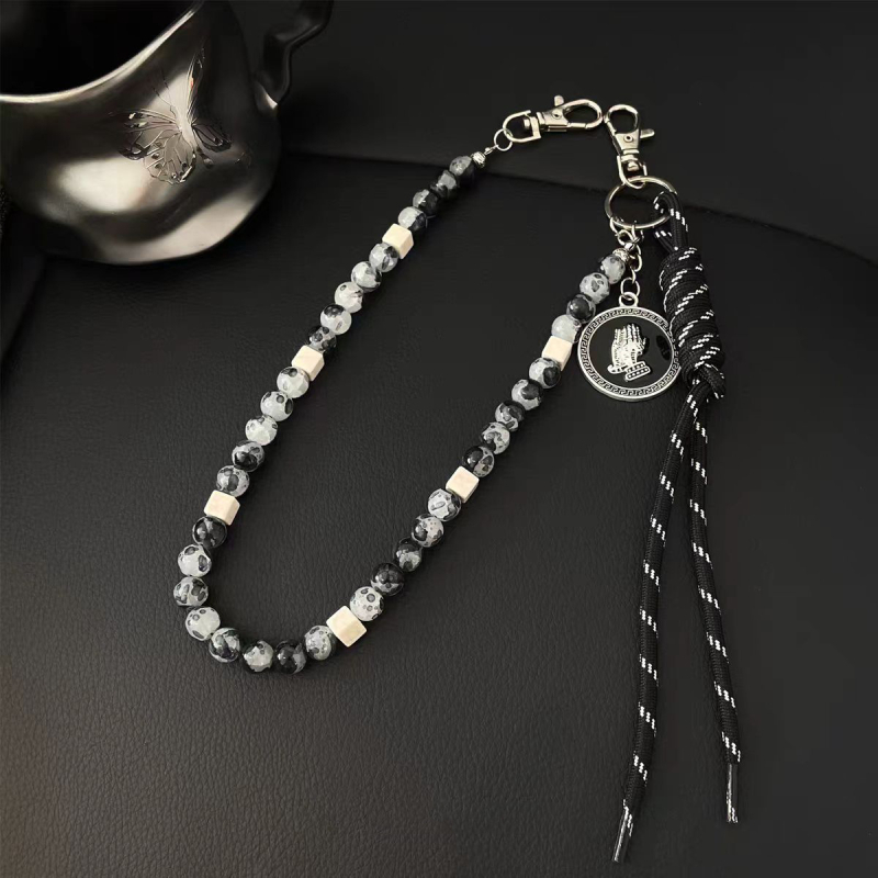 Vyrų metalinė juosmens grandinėlė su pakabukais: kardas, kryžius ir apvalūs karoliukai – ilgis iki 60 cm, plotis 3 mm, užsegimas lobster