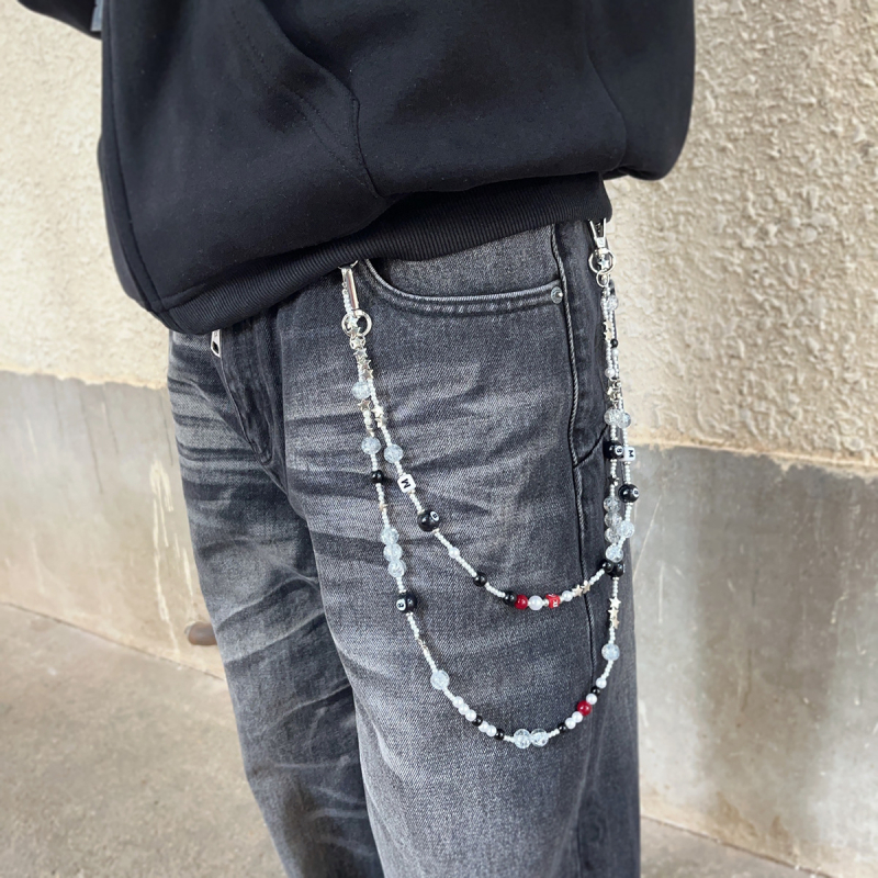 Vyrų metalinė juosmens grandinėlė su pakabukais: kardas, kryžius ir apvalūs karoliukai – ilgis iki 60 cm, plotis 3 mm, užsegimas lobster