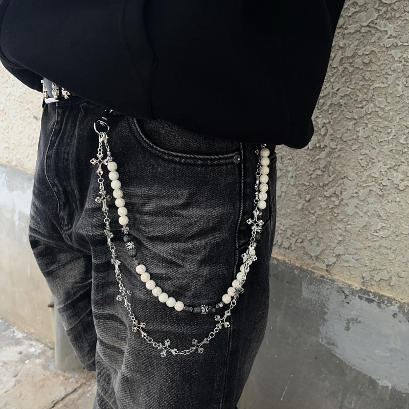 Vyrų metalinė juosmens grandinėlė su pakabukais: kardas, kryžius ir apvalūs karoliukai – ilgis iki 60 cm, plotis 3 mm, užsegimas lobster