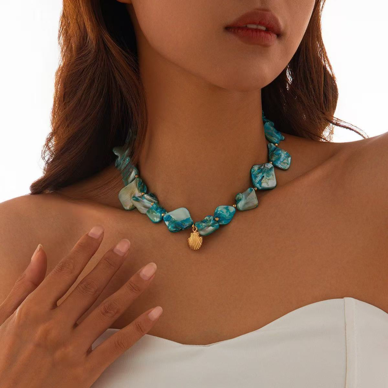 Colier pentru claviculă cu scoică și stea de mare, materiale mixte, lucrat manual, pandant din aliaj, lanț obișnuit, 20 g