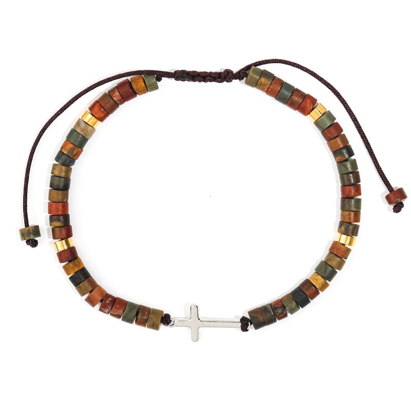 Гривна с кръст от африкански агат, смесен материал, ръчна изработка, унисекс, синджир с мъниста-разделители, каменен кръст модел