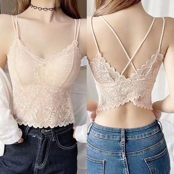 XINGZINA Camisole cu dantelă și pernă pentru sân, țesătură nailon 70-80%, curele tip sling, decolteu în V
