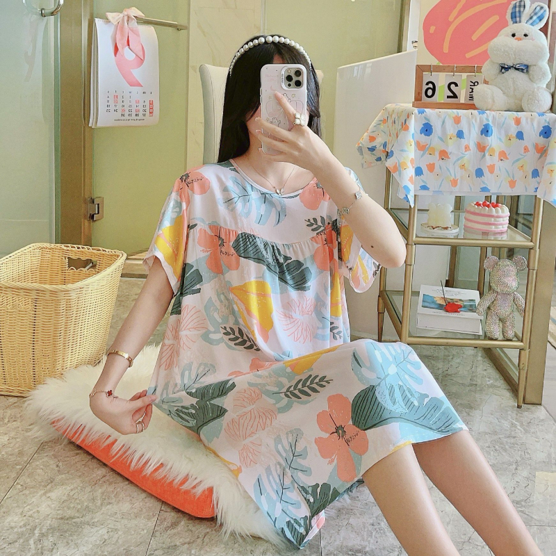 Noćna haljina od pamuk-satenske smjese, duga, okrugli izrez, 3/4 rukavi, prozračna, antibakterijska, udobna, pogodna za kuću i vanjsku upotrebu, luksuzan stil