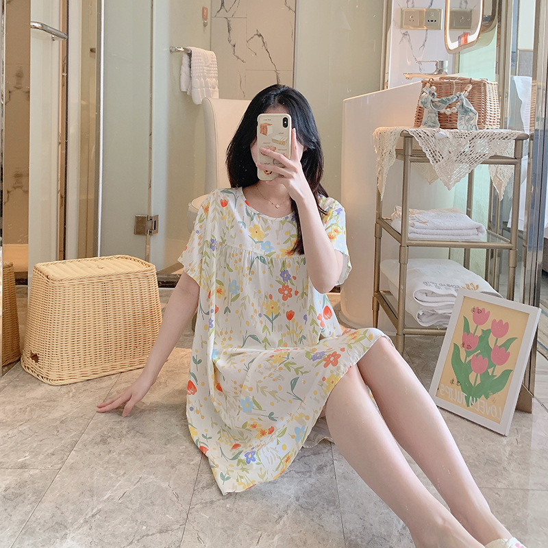 Noćna haljina od pamuk-satenske smjese, duga, okrugli izrez, 3/4 rukavi, prozračna, antibakterijska, udobna, pogodna za kuću i vanjsku upotrebu, luksuzan stil