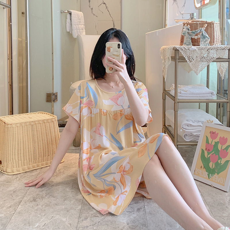 Noćna haljina od pamuk-satenske smjese, duga, okrugli izrez, 3/4 rukavi, prozračna, antibakterijska, udobna, pogodna za kuću i vanjsku upotrebu, luksuzan stil