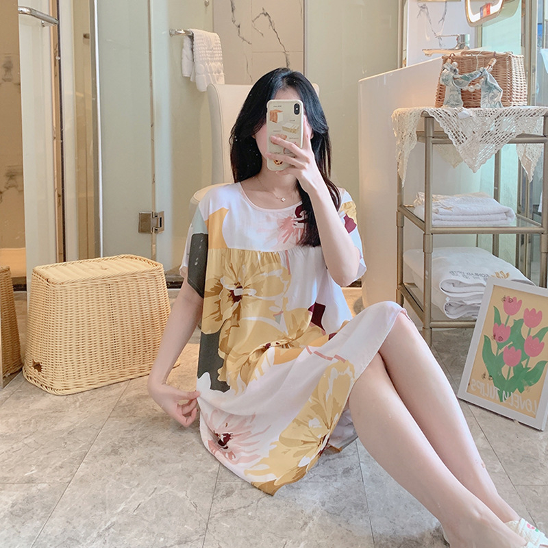 Noćna haljina od pamuk-satenske smjese, duga, okrugli izrez, 3/4 rukavi, prozračna, antibakterijska, udobna, pogodna za kuću i vanjsku upotrebu, luksuzan stil