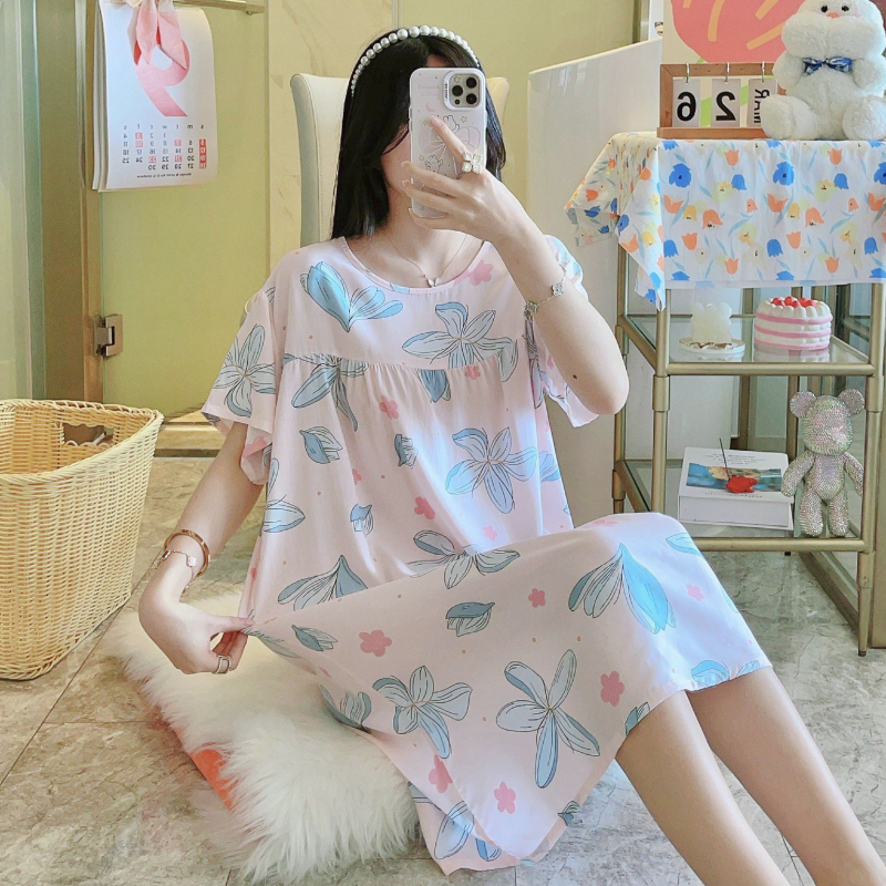 Noćna haljina od pamuk-satenske smjese, duga, okrugli izrez, 3/4 rukavi, prozračna, antibakterijska, udobna, pogodna za kuću i vanjsku upotrebu, luksuzan stil