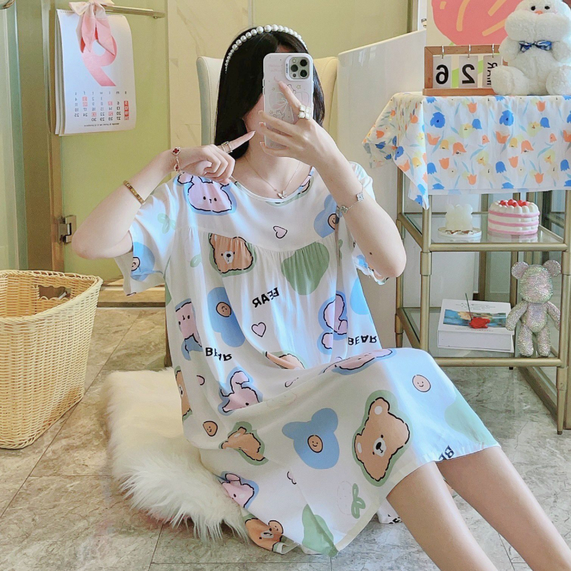 Noćna haljina od pamuk-satenske smjese, duga, okrugli izrez, 3/4 rukavi, prozračna, antibakterijska, udobna, pogodna za kuću i vanjsku upotrebu, luksuzan stil