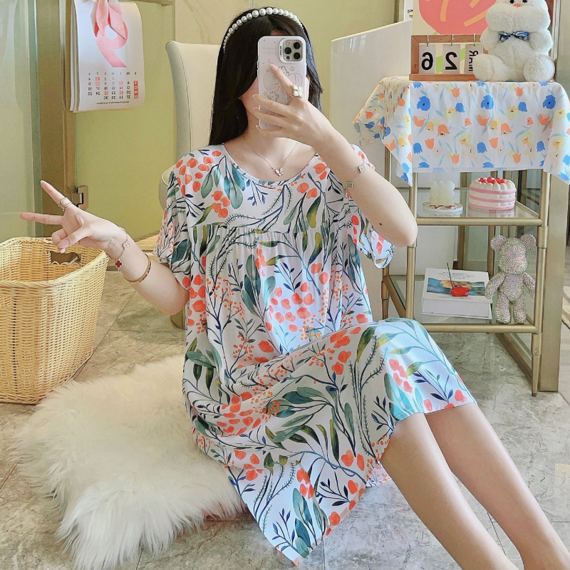 Noćna haljina od pamuk-satenske smjese, duga, okrugli izrez, 3/4 rukavi, prozračna, antibakterijska, udobna, pogodna za kuću i vanjsku upotrebu, luksuzan stil